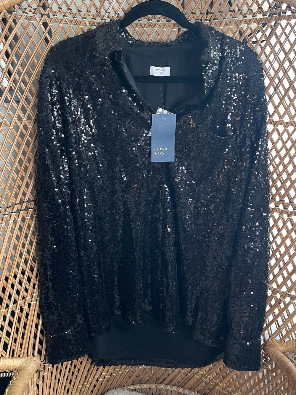 crown & ivy Black Sequin Button-Down Blouse